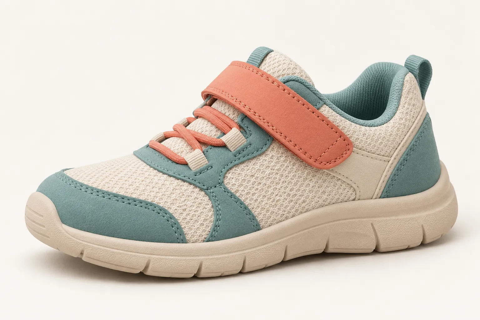 Three-quarter view of an unbranded children's active sneaker concept with coral strap, teal overlays and cream mesh.