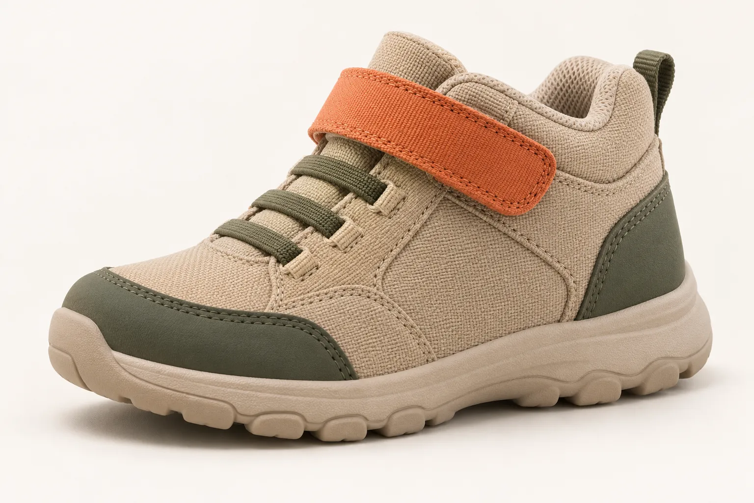 Three-quarter view of an unbranded children's mid-cut adventure sneaker concept in sand, olive and orange.