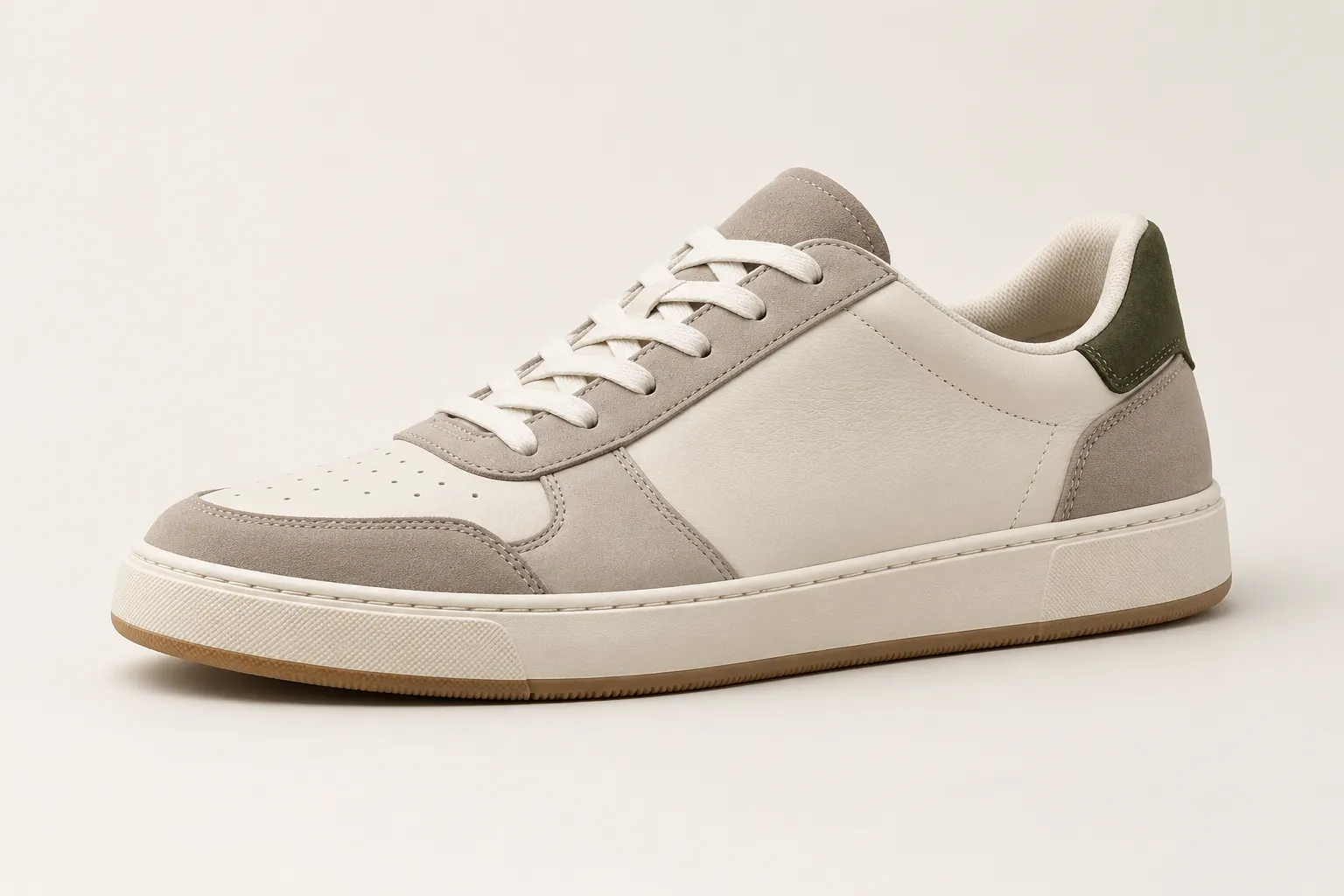 Three-quarter view of an unbranded men's low-top court shoe concept in cream, taupe and muted olive.