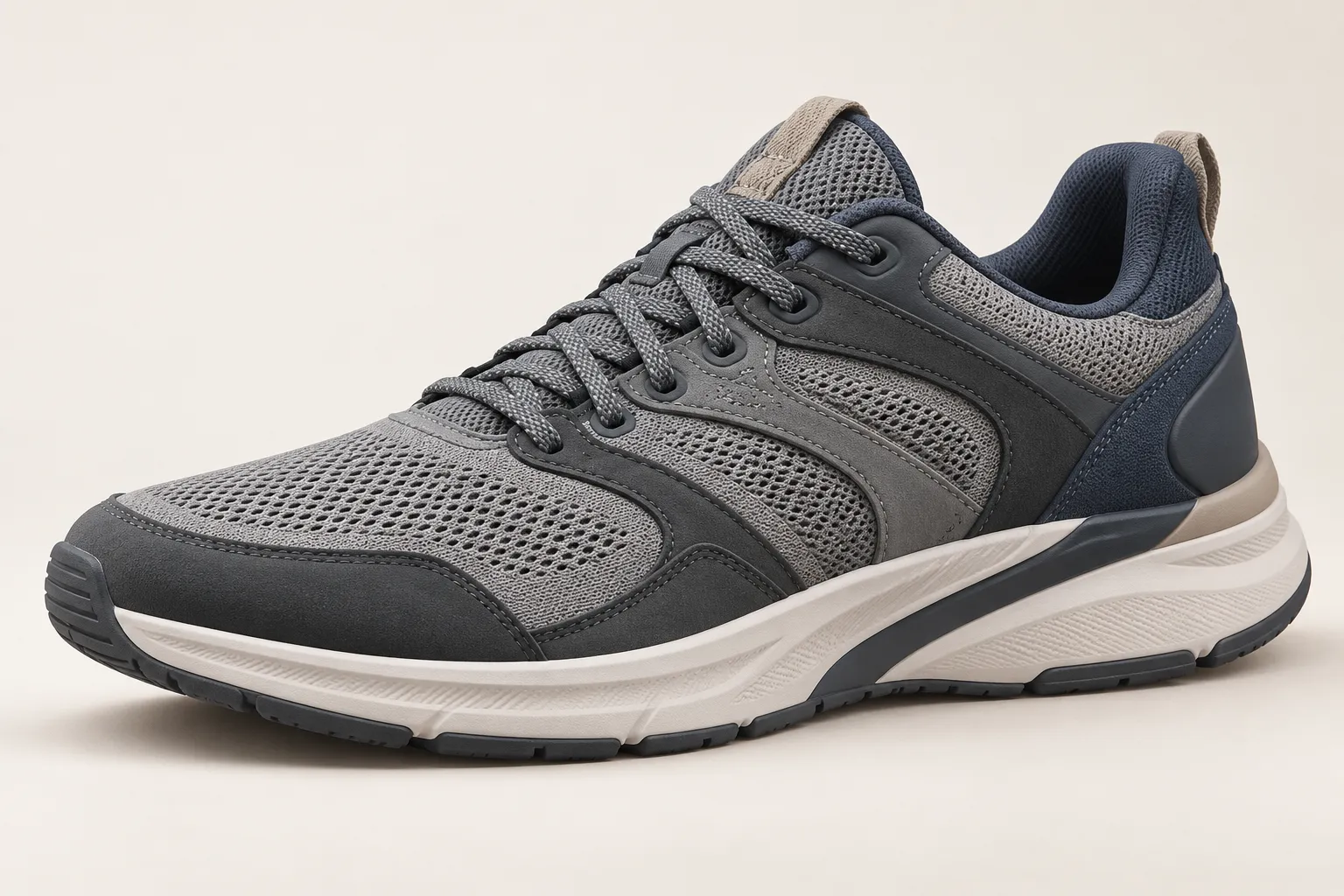Three-quarter view of an unbranded men's layered lifestyle runner concept in gray, charcoal and navy.