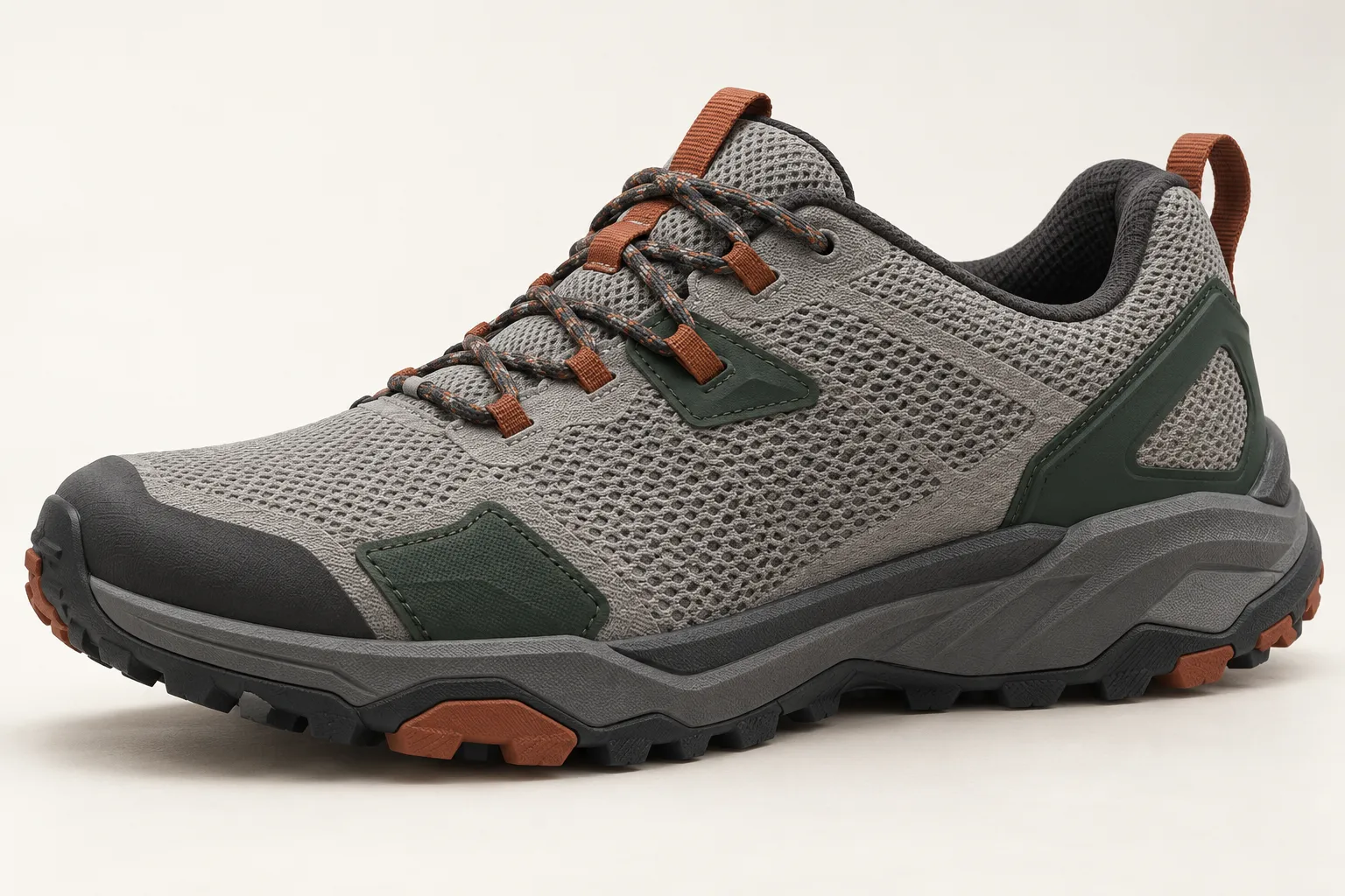Three-quarter view of an unbranded trail-inspired lifestyle runner concept in gray, dark green and burnt orange.