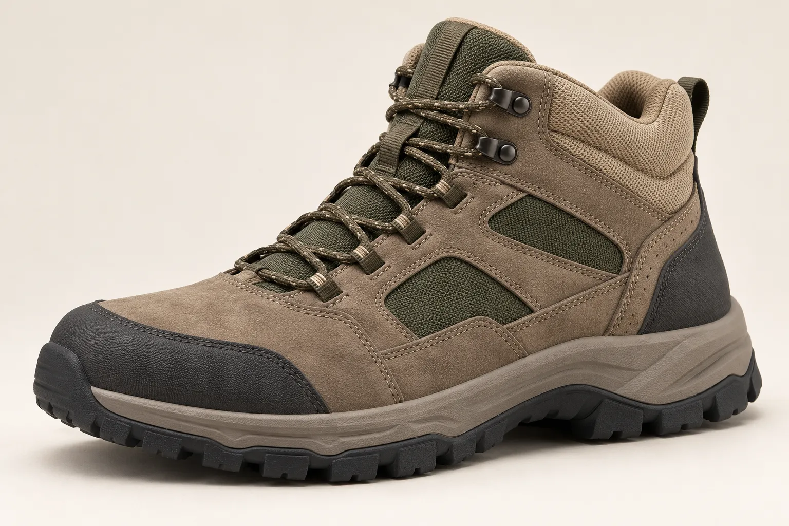 Three-quarter view of an unbranded mid-cut outdoor hiker concept in taupe, olive and charcoal.