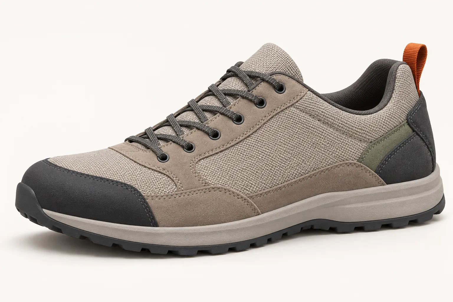 Three-quarter view of an unbranded low-profile outdoor casual shoe concept in taupe, charcoal and muted olive.