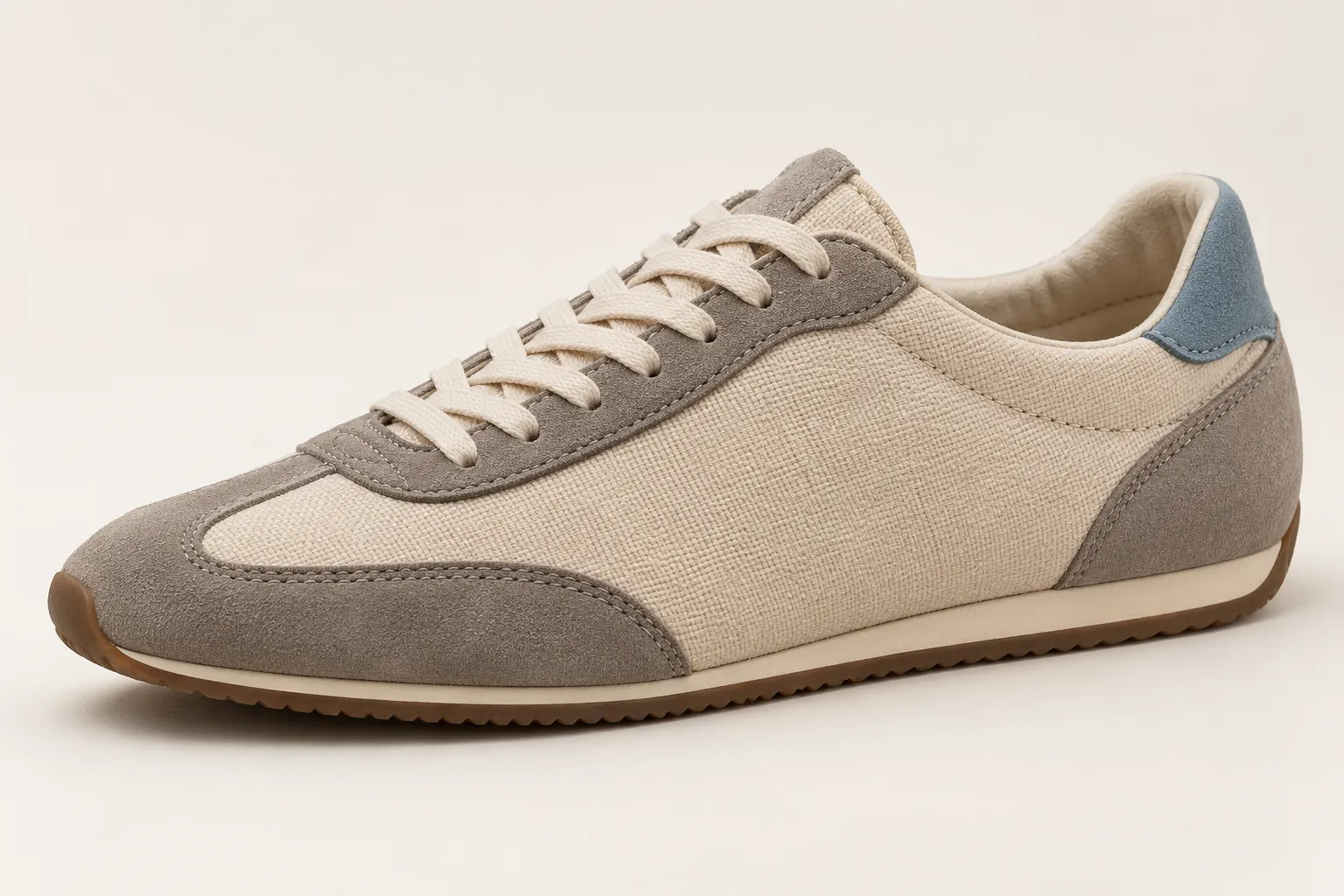 Three-quarter view of an unbranded women's low-profile retro runner concept in cream, taupe and muted blue.